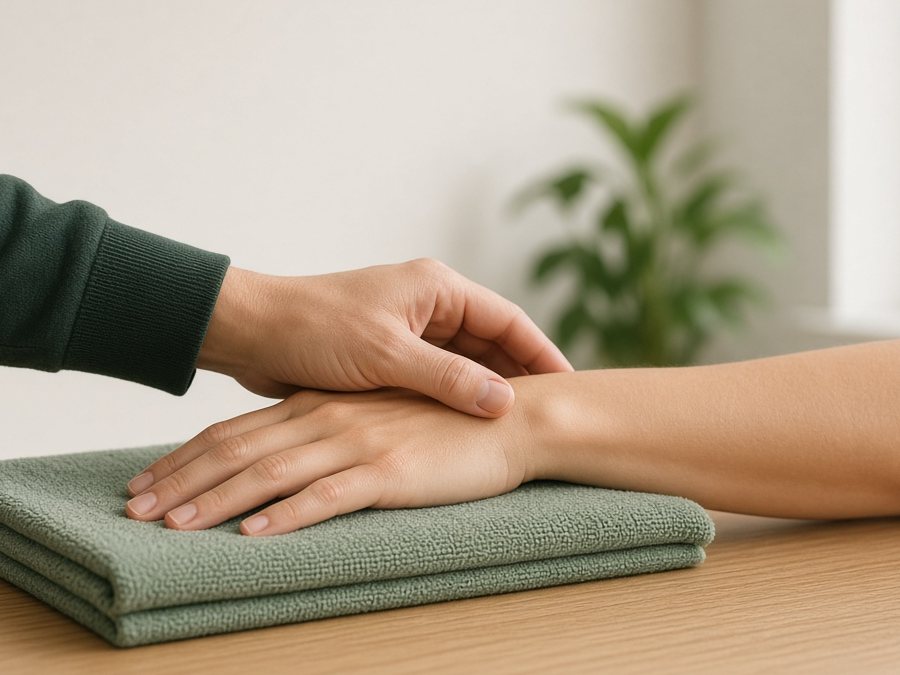 A physiotherapist's hand gently checking a patient's wrist and hand as it rests on a towel